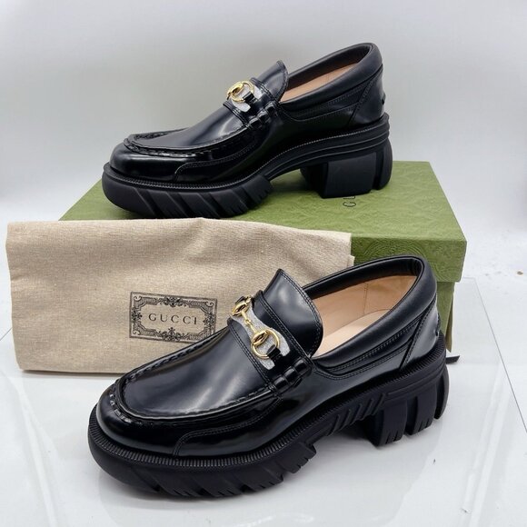 GUCCI Horsebit Creeper Loafers Platform Black Sylke Leather Wms EU 40.5 US 10.5 - Picture 4 of 15